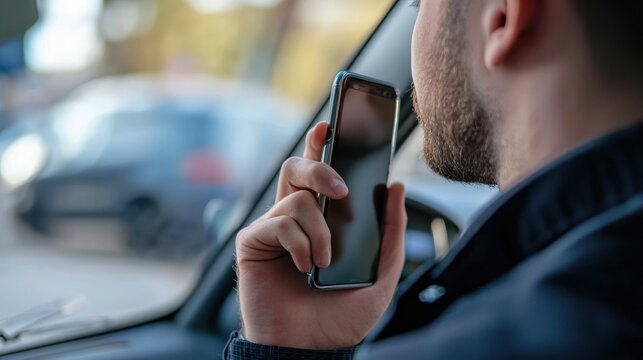 A driver on the phone with their car insurance company after an accident, explaining the details of the collision and seeking assistance for the claims process