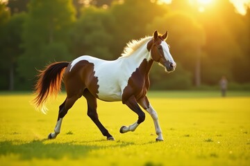 Obraz premium Graceful piebald colt trotting in a beautiful meadow under the sun, grass, meadow