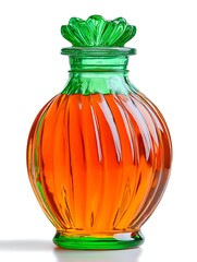 A clear glass bottle with a green top, containing a viscous orange liquid