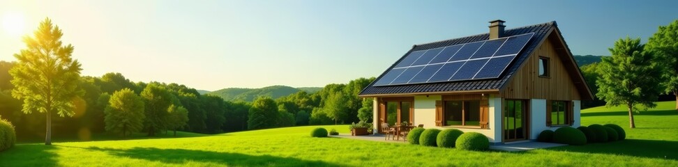 Fototapeta premium Green eco home with photovoltaic solar system and paperwork, energy savings, calculator, eco