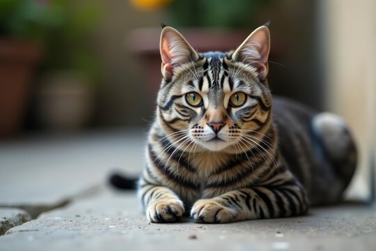 Gray tabby cat resting on textured stone floor, gazing directly at viewer, stone, laying