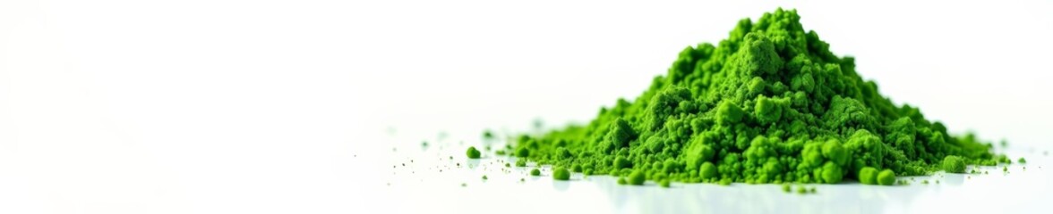 Green wheatgrass powder and fresh leaves isolated on white, chlorophyll, vitality
