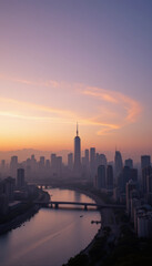 Fototapeta premium Stunning city skyline at dawn showcases tall buildings silhouetted against colorful sky, reflecting beautifully on calm river below. scene evokes sense of tranquility and urban beauty
