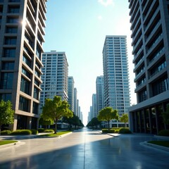 Ground view of contemporary high-rise buildings in cityscape, design, reflection, office