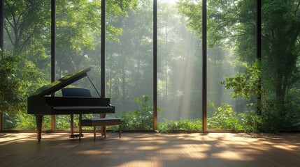 Tranquil piano room with forest view