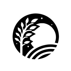 Abstract Black & White Nature Logo: Tree, Hills, Circle, Minimalist