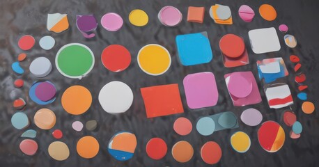 Assorted promotional stickers, round & square shapes, diverse colors,  circle,  detail,  object