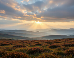 Fototapeta premium Breathtaking landscape featuring rolling hills and vibrant sunset, with soft rays of light breaking through clouds, creating serene atmosphere