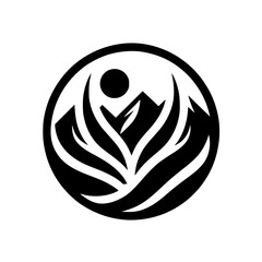 Minimalist Mountain and Plant Logo in Circle, Black & White Design
