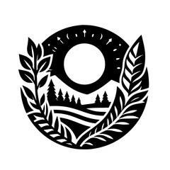 Minimalist Black and White Nature Icon: Mountains, Sun & Leaves