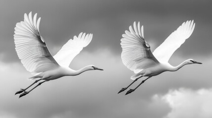 Obraz premium Two Majestic Birds Soaring Through the Sky on black background