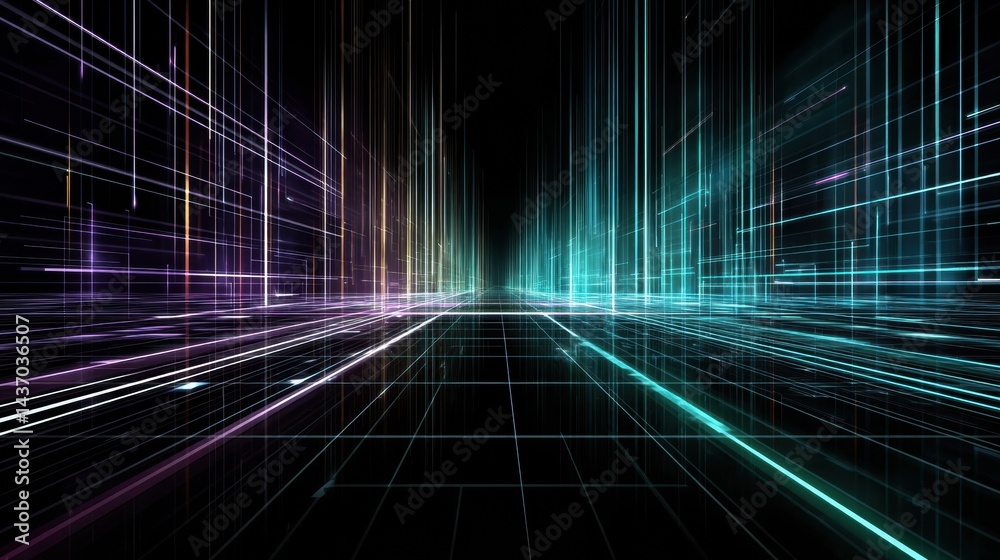 Poster Futuristic Digital Grid With Neon Lines Converging at a Vanishing Point in a Dark Perspective