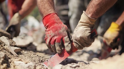 A worker at a building site accidentally cutting his hand with a tool, with co-workers stopping their work and rushing over to help with first aid
