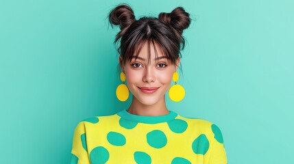 Young woman with playful buns in hair, wearing yellow polka dot sweater, smiling against blue background