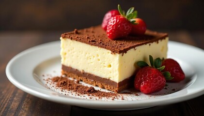 Rich cocoa dusted tiramisu, elegant presentation, perfect texture , top view, cooking