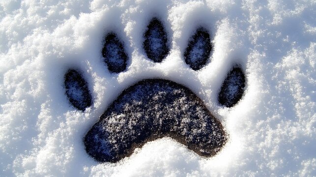 Large Animal Paw Print in Fresh Snow Winter