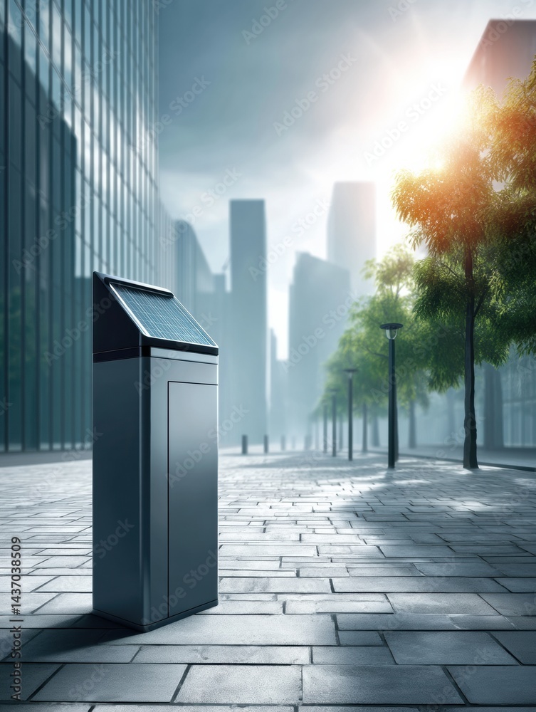 Poster eco-friendly solar-powered garbage bin enhances urban environment in futuristic cityscape with moder
