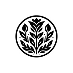 Floral Emblem in Black and White, Botanical Design, Circle Shape