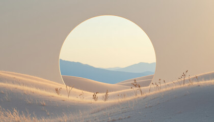 Serene minimalist landscape featuring circular opening revealing distant mountains and soft sand dunes, evoking sense of tranquility and wonder