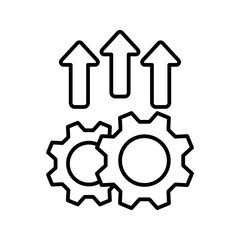 A blue gear and rising dark blue bar graph, representing growth and progress. The arrow curves upwards, symbolizing success. Simple and modern design with bold lines and clean shapes.
