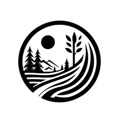 Minimalist Black and White Nature Logo: Fields, Mountains, Trees, Sun