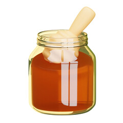 Honey dripping from wooden dipper into glass jar on transparent background