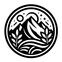 Monochromatic Mountainscape Circle Logo: Nature, Outdoor, Minimalist Design