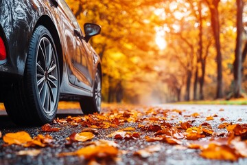 Car on asphalt road on autumn day at park. Colored leaves lying under the wheels of the vehicle.