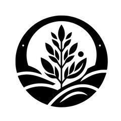 Minimalist Nature Icon: Black & White Circle, Plant & Hills