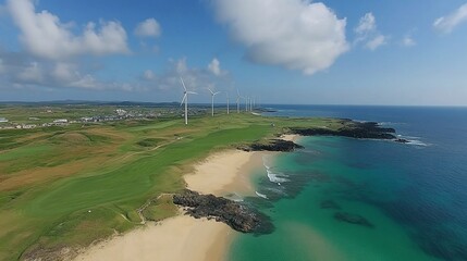 Coastal wind farm aerial view, green golf course, ocean