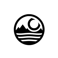Minimalist Mountain, Moon, and Water Logo Design
