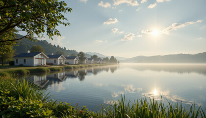 Obraz premium Tranquil lakeside scene featuring charming houses along water edge, surrounded by lush greenery and misty mountains in background. soft morning light creates serene atmosphere