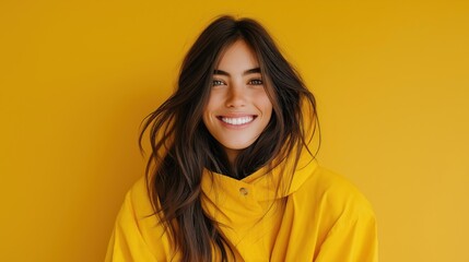 Fototapeta premium Young woman with long, wavy dark hair smiling warmly in bright yellow jacket