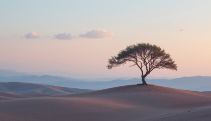 Obraz premium Solitary tree stands gracefully on sand dune, surrounded by soft, rolling hills under pastel sky. serene landscape evokes sense of tranquility and peace