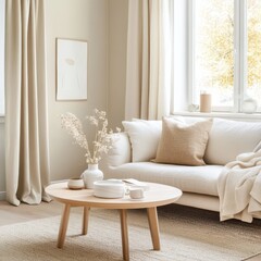 Cozy living room in warm neutrals home interior design minimalistic environment inviting view modern concept