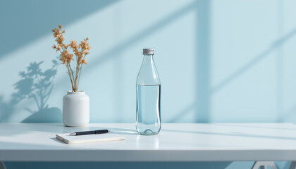 Clear glass bottle filled with water sits on white table against soft blue wall. small white vase with dried flowers adds touch of elegance, creating calm and refreshing atmosphere
