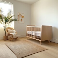 Calm nursery space with floating crib modern home interior design minimalist environment soft natural light