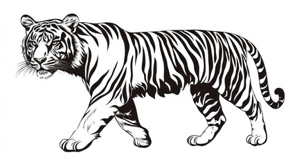 Fototapeta premium Walking tiger, wild animal, black and white, nature illustration, wildlife design