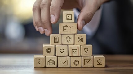 A businessmana??s hand stacking wooden blocks with icons of security, growth, and trust, symbolizing reliable insurance services.