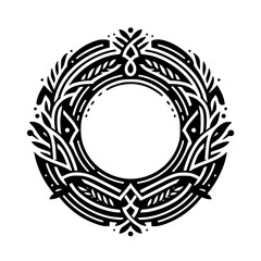 Elegant Minimalist Floral Wreath Design, Black and White, Circle Frame