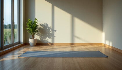 Peaceful yoga studio featuring blue mat on wooden floor, illuminated by soft sunlight streaming through large windows. potted plant adds touch of nature, creating serene atmosphere