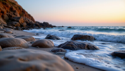 Fototapeta premium Tranquil beach scene featuring smooth stones along shoreline, with gentle waves lapping at rocks as sun sets in background, creating serene atmosphere
