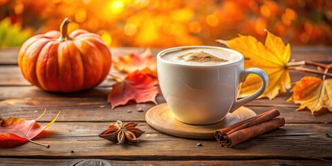 Autumnal Cozy Scene Warm Drink, Pumpkin, and Fall Leaves on Rustic Wood