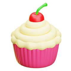 3d illustration of a pink cupcake with vanilla frosting and cherry on transparent background