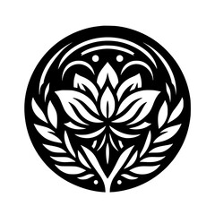 Elegant Black and White Lotus Floral Emblem, Circle Design