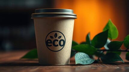 Eco-friendly disposable coffee cup on wooden table with green leaves