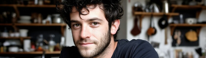 Obraz premium A young man with curly hair and a beard sits in a cozy kitchen with shelves and utensils in the background.