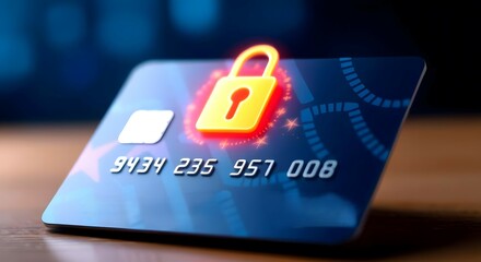 Credit card with glowing digital padlock ensuring secure online payments and protecting financial data, credit card and lock, credit card security, credit card security concept, cyberspace