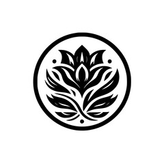 Obraz premium Minimalist Lotus Flower Emblem in Circle, Black and White