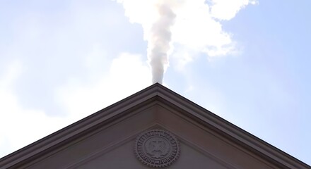 old church steeple, White smoke rises from the chapel chimney, indicating the successful election of a new pope during the papal conclave.